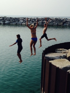 This Mom's two boys talked her into jumping off the end of the jetty with them into the harbor - YIKES!