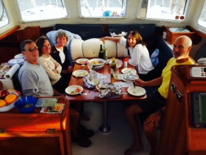 While the weather was spectacular - warm, sunny, no wind - the mosquitos were having a field day as the sun was getting ready to set, so we served our on-board dinner inside